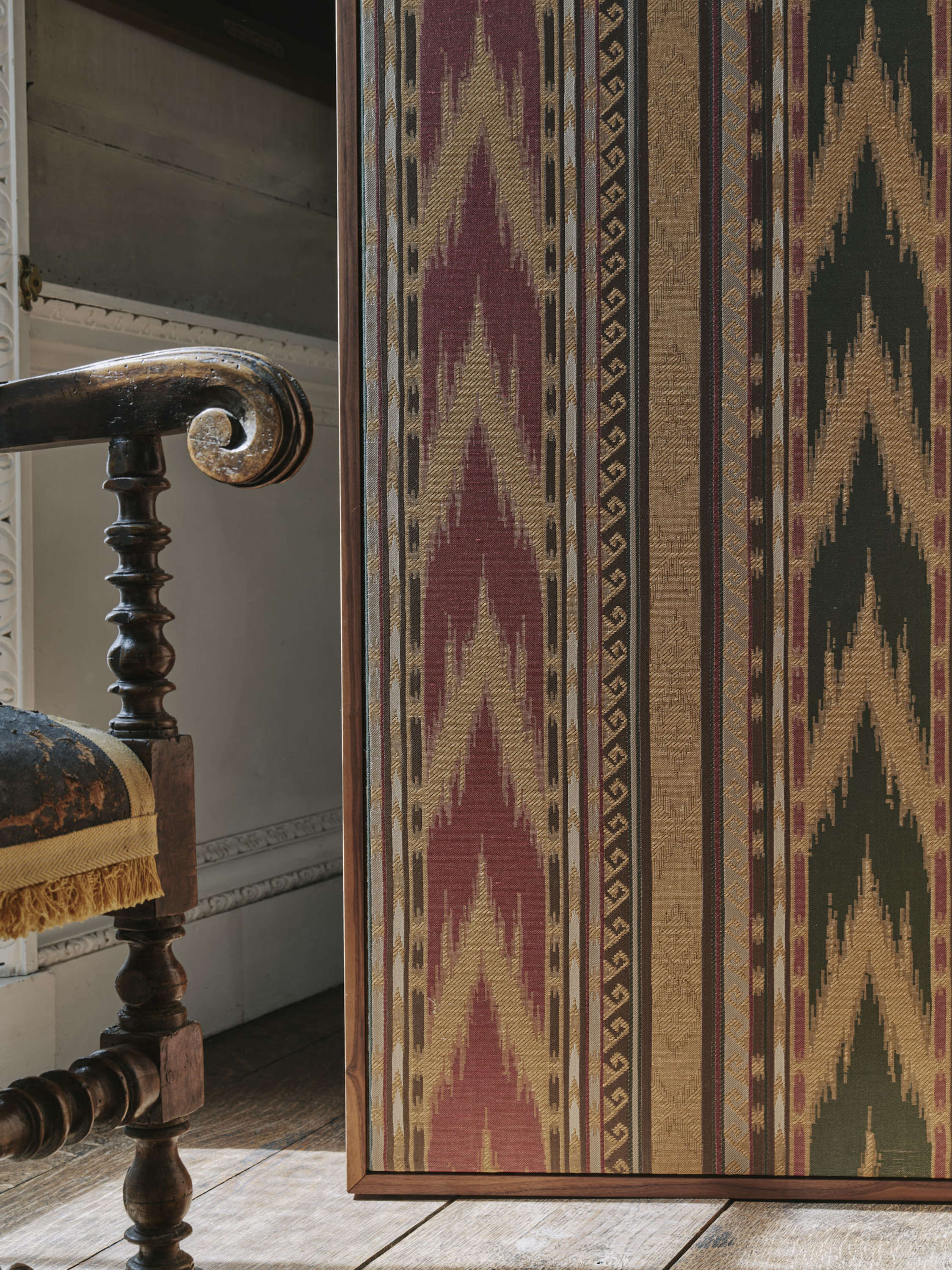 Maison Lily Blue bespoke walnut room divider with floating panels, designed in collaboration with Carlos Garcia Interiors