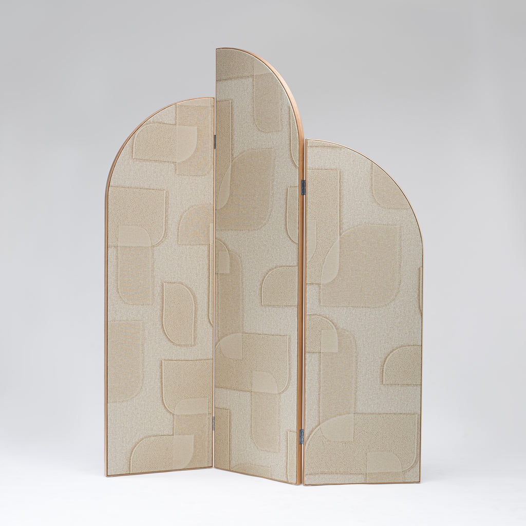 Maison Lily Blue curved bespoke room divider in bent ash wood, upholstered in Maddux Creative linen and silk fabric.