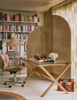 Maison Lily Blue curved bespoke room divider in bent ash wood, upholstered in Maddux Creative linen and silk fabric