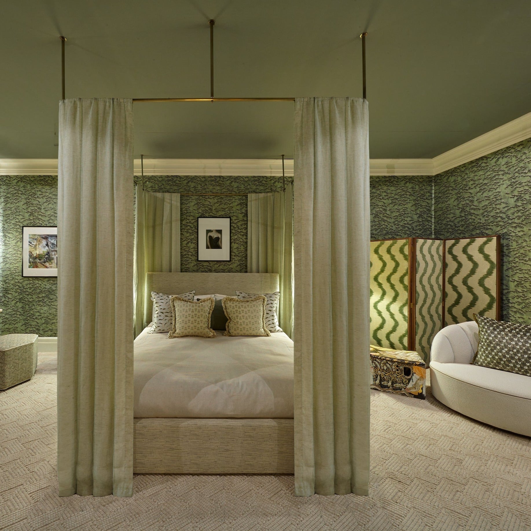Bespoke walnut room divider screen by Maison Lily Blue, upholstered in Colony by Casa Luiza fabric with signature floating panel design, at Wow! House.
