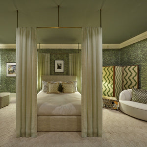 Bespoke walnut room divider screen by Maison Lily Blue, upholstered in Colony by Casa Luiza fabric with signature floating panel design, at Wow! House.