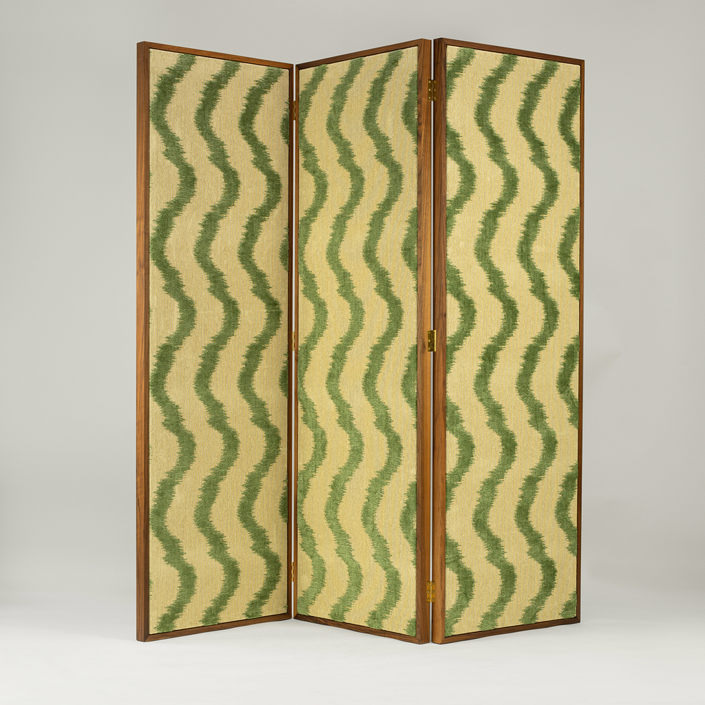 Bespoke walnut room divider screen by Maison Lily Blue, upholstered in Colony by Casa Luiza fabric with signature floating panel design.