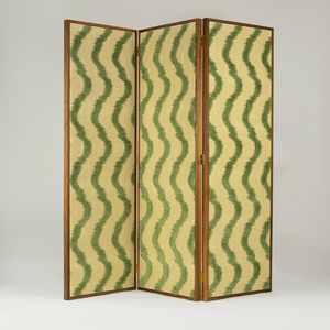 Bespoke walnut room divider screen by Maison Lily Blue, upholstered in Colony by Casa Luiza fabric with signature floating panel design.