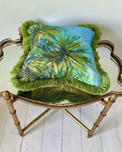 Luxury cushion with plush fringe and original artwork linen fabric, handmade in UK