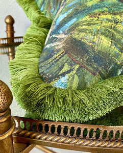 Luxury cushion with plush fringe and original artwork linen fabric, handmade in UK 