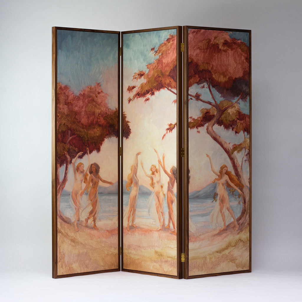 Bespoke walnut room divider with original Apple Tree artwork, Maison Lily Blue floating panel screen handcrafted to order