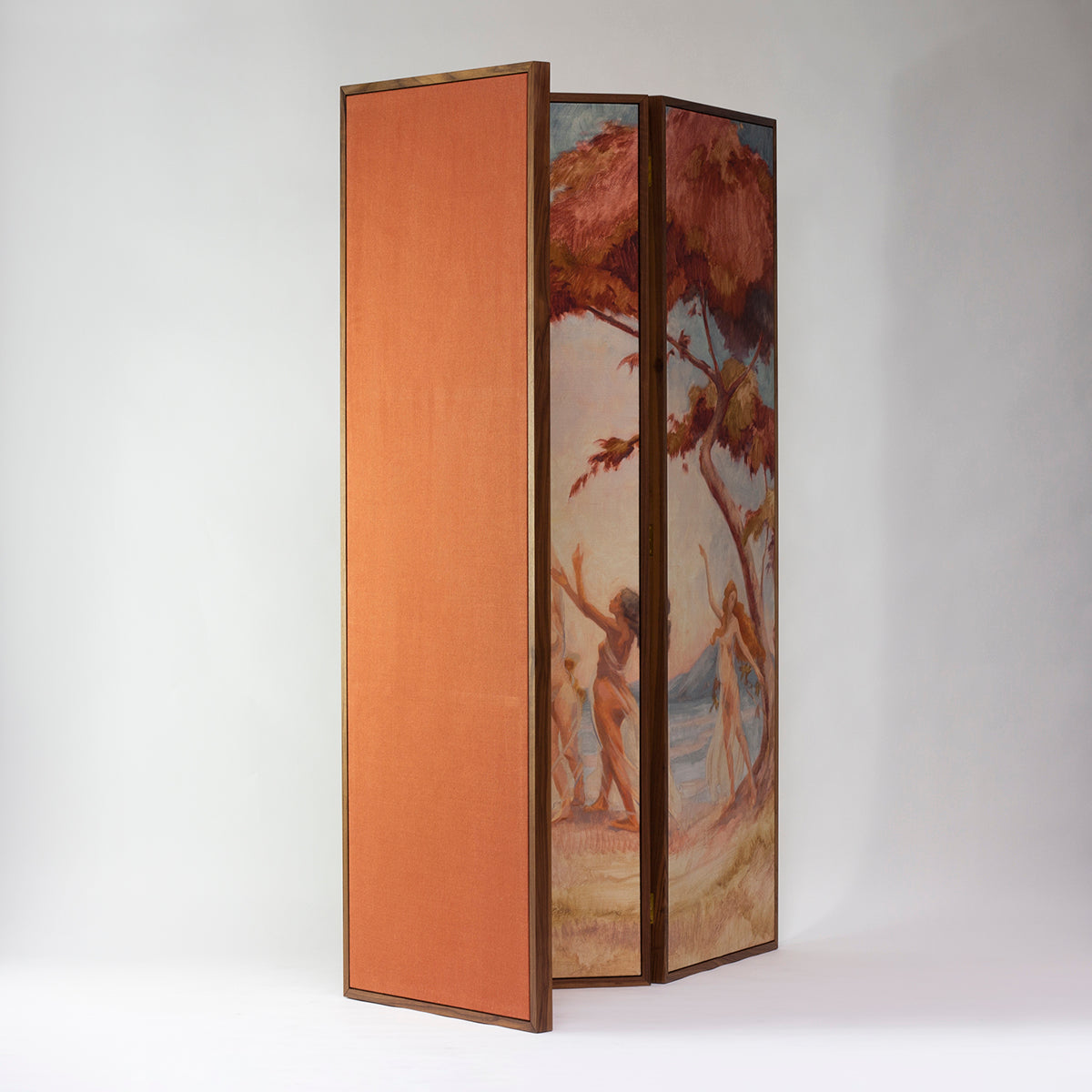 Bespoke walnut room divider with original Apple Tree artwork, Maison Lily Blue floating panel screen handcrafted to order
