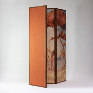 Bespoke walnut room divider with original Apple Tree artwork, Maison Lily Blue floating panel screen handcrafted to order